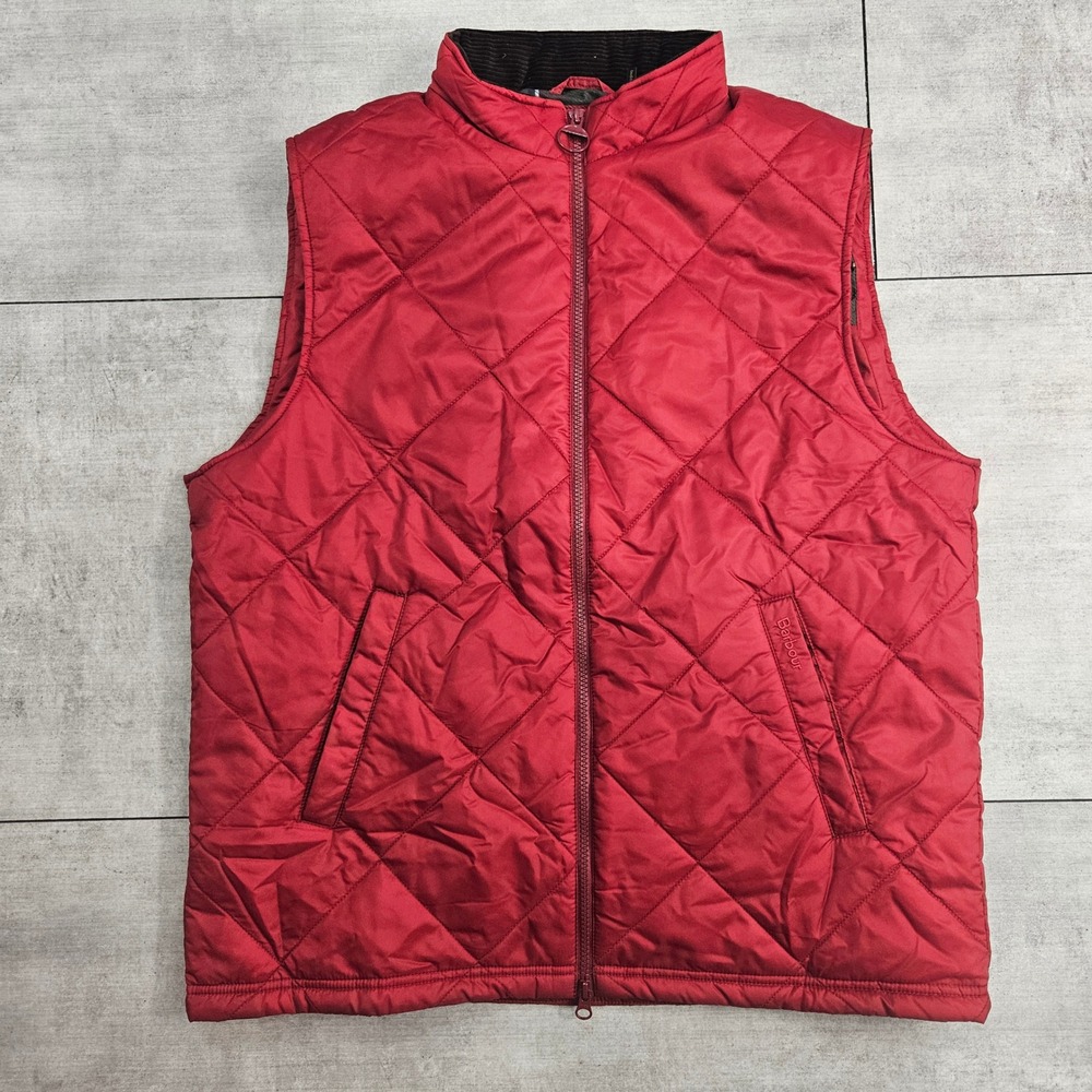 Barbour Finn Gilet Mens Red Quilted Vest Diamond Stitch Tartan Lining Size Large
